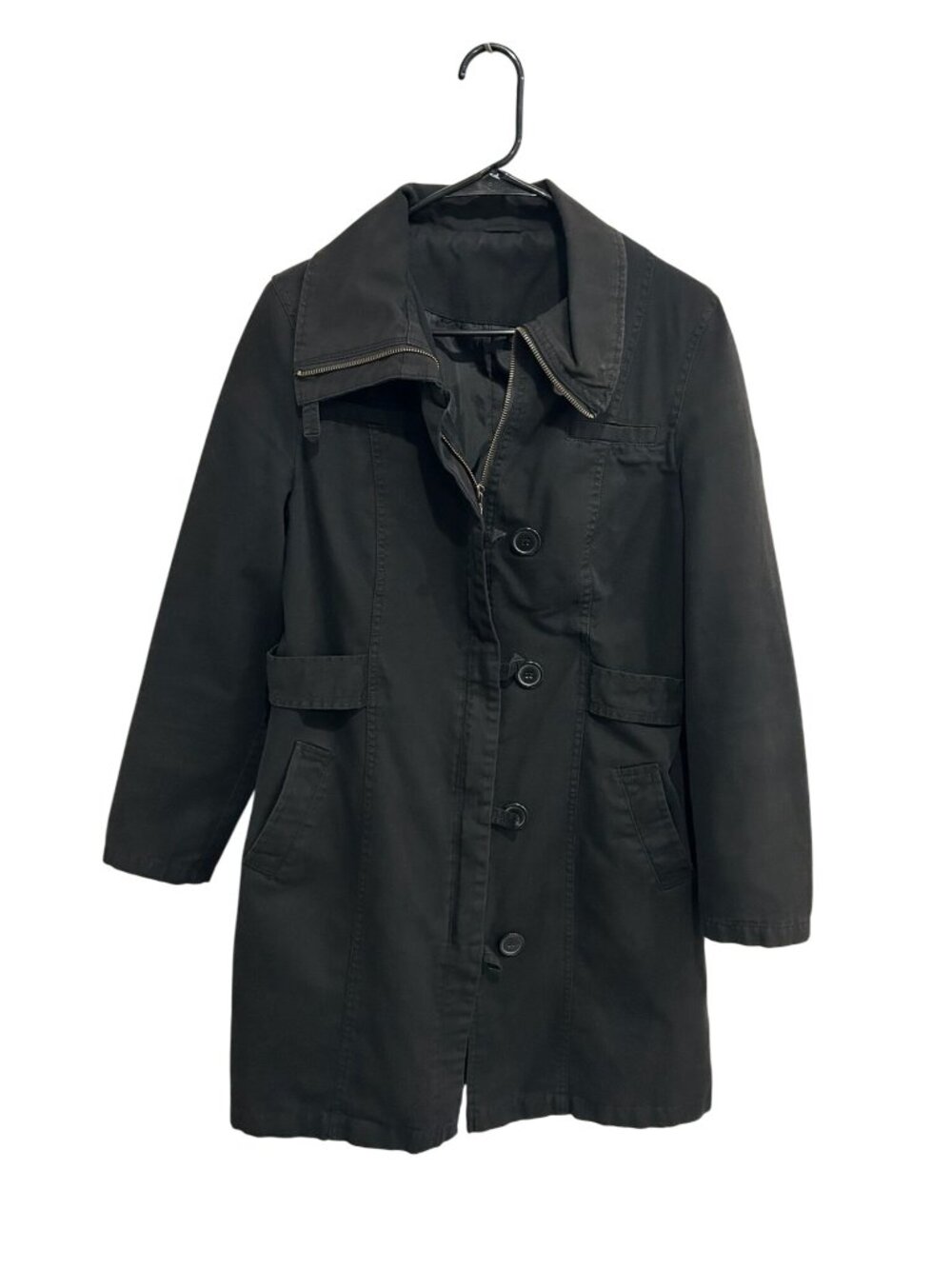 Dorothy Perkins 14 Black Button-Up Trench Coat Zippered Collar Timeless Style